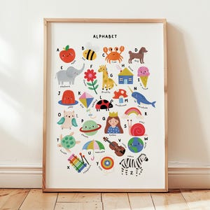 Op de afbeelding: Een ingelijste alfabetposter met kleurrijke illustraties van verschillende objecten en dieren, die elk een letter vertegenwoordigen. De poster bevat een appel, bij, krab, hond, olifant, bloem, giraf, huis, ijs en meer.