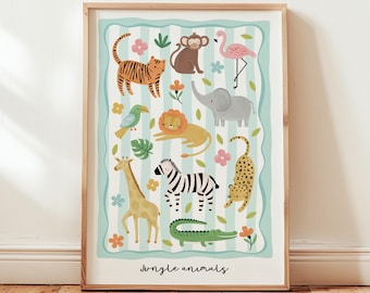 May include: A framed print featuring a collection of jungle animals, including a tiger, monkey, flamingo, elephant, lion, parrot, giraffe, zebra, cheetah, and crocodile. The background has a light blue and white striped pattern with the words "Jungle animals" at the bottom.