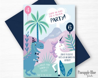 dinosaur and unicorn birthday party invitation joint party etsy
