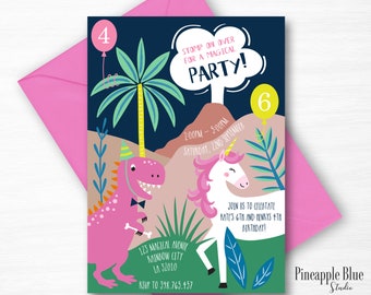 dinosaur and unicorn birthday party invitation joint party etsy