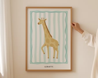 May include: A framed print featuring a giraffe illustration. The giraffe is depicted in shades of tan and brown with a patterned coat, set against a backdrop of vertical light blue and white stripes. The word "GIRAFFE" is printed at the bottom.
