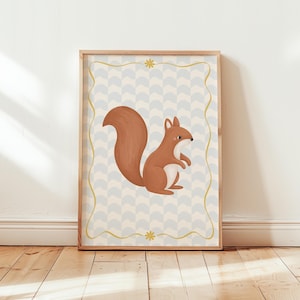 Woodland Squirrel Nursery Art Print, Gender Neutral Baby Room Decor, Cute Animal Wall Art, Gingham Printable Forest Animal Poster