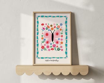 Butterfly Nursery Art Print, Colourful Illustration for Kids Room, Bright Floral Wall Decor, Whimsical Gift for Baby, Insect Wall Art Print