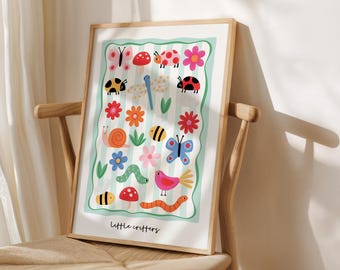 May include: A framed art print featuring colorful illustrations of various insects and flowers, including butterflies, ladybugs, and snails. The artwork has a light green striped border and the words "Little critters" at the bottom.