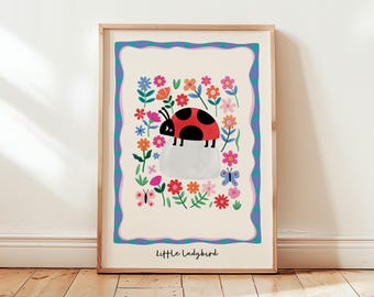 Ladybird Nursery Art Print, Giclée Bug Wall Decor with Flowers, Whimsical Ladybug Illustration for Baby or Kids Room