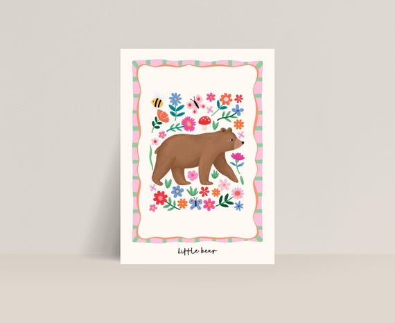 Bear Nursery Wall Art, Forest Animal Giclée Print with Colourful Flowers, Bright Kids Room Decor, Whimsical Baby Gift Idea, Cute Bear Poster