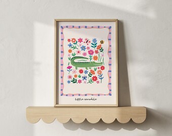Crocodile Wall Art Print – Giclée Nursery Animal Illustration, Jungle Baby Room Decor, Whimsical Floral Kids Poster