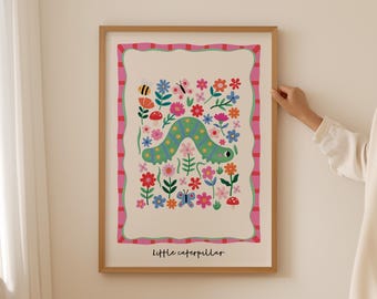 Colorful Caterpillar Art Print for Nursery, Giclée Kids Wall Decor with Flowers, Bug-Inspired Baby Room Illustration