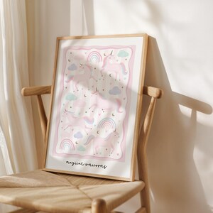 Unicorn Nursery Print: Pink Giclée Poster with Rainbows & Stars
