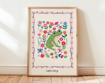 Little Frog Wall Art Print – Giclée Nursery Animal Illustration, Woodland Baby Room Decor, Whimsical Floral Kids Poster