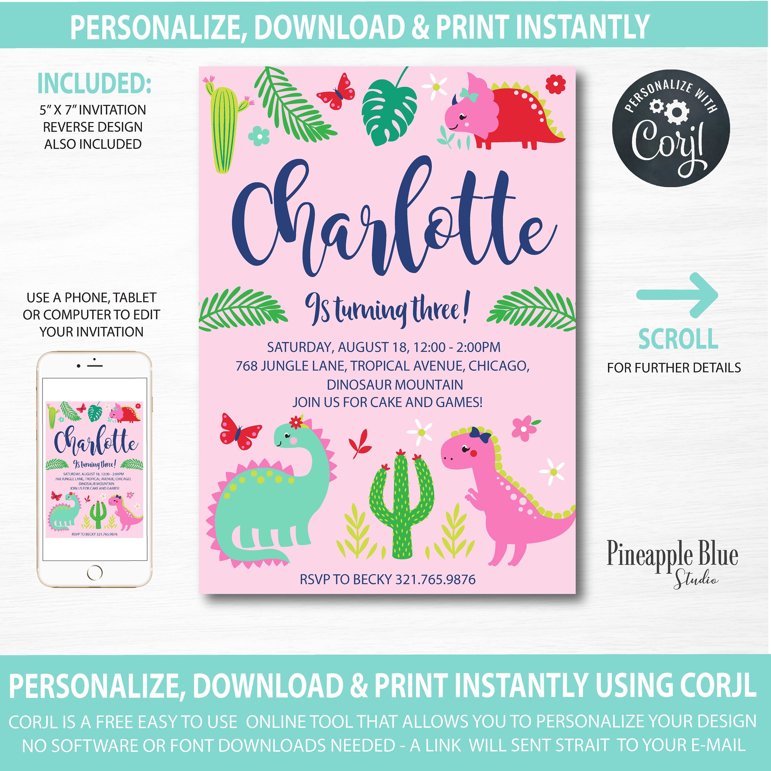 Girls dinosaur party invitation Girls party Invitation Etsy