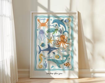 Sea Creatures Kids Room Print, Teal Ocean Giclée Wall Art with Turtle, Whale, Octopus and Fish, Nursery or Playroom Decor Poster