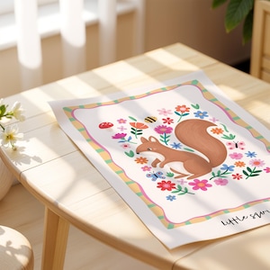 Little Squirrel Wall Art Print, Giclée Nursery Animal Illustration, Woodland Baby Room Decor, Whimsical Floral Kids Poster, Nursery Art