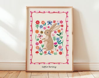 Little Bunny Wall Art Print – Giclée Nursery Animal Illustration, Floral Baby Girl Room Decor, Whimsical Kids Woodland Poster