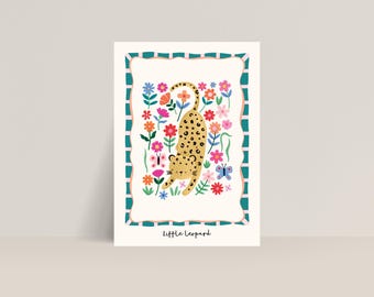Leopard Nursery Wall Art, Jungle Animal Giclée Print for Kids, Whimsical Baby Room Decor with Flowers, Safari Cat Illustration