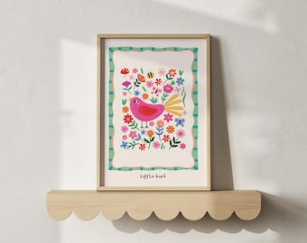 Bright Bird Nursery Wall Art, Giclée Animal Print with Flowers, Whimsical Baby Girl Room Decor, Colorful Kids Nature Poster