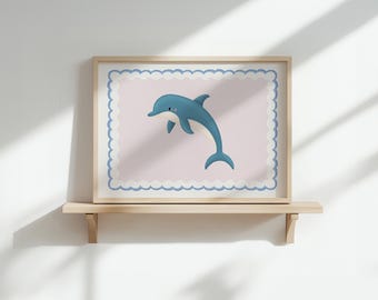 Arte mural de delfines para habitación infantil: estampado de animales marinos, decoración costera para bebés, calidad Giclée