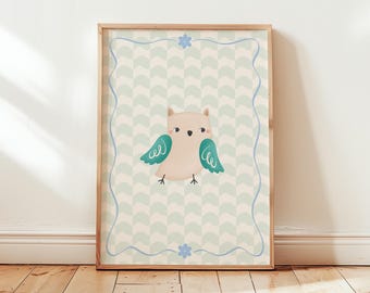 Uil kinderkamer kunstprint, Giclée kwaliteit bos dier decor, babykamer kunst aan de muur, genderneutraal bos dieren illustratie