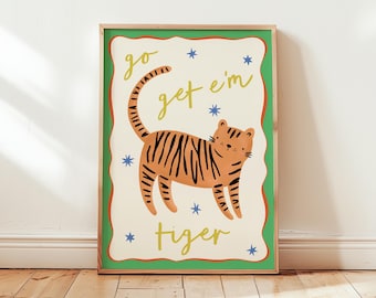 Arte mural "Go Get 'Em Tiger": lámina infantil de tigre, decoración infantil de safari, póster de animales de la jungla, arte mural para sala de juegos