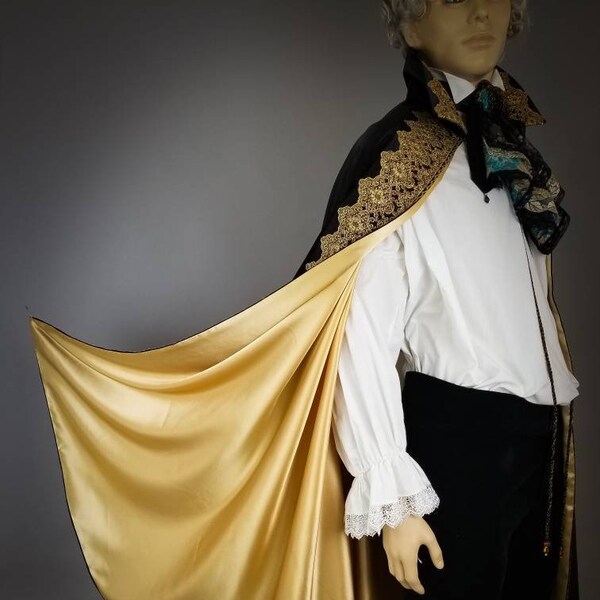Black Cape With Gold Lace Trim and Gold Lining,18th Century Mens Clothing,Mens Costume, Rococo costume,18th Century Cape,Cape for Man, Cloak
