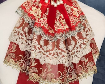 Red Gold Lace Jabot, 18th Century Men's Fashion, Rococo Men's Costume, Historical Costume, Neck Piece, Venice Carnival Costume, Brooch.