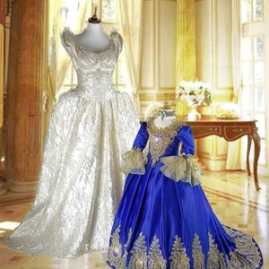 K&ouml;nnte beinhalten: Zwei Ballkleider, eines wei&szlig; mit silberner Stickerei und eines blau mit goldener Stickerei. Das wei&szlig;e Kleid hat einen herzf&ouml;rmigen Ausschnitt und das blaue Kleid hat einen runden Ausschnitt.