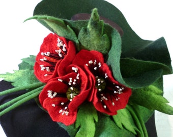 Spring decor Womens Scarves felted accessories green scarf Wool Neck Ruffled Scarf with flowers scarf with poppies Handcrafted
