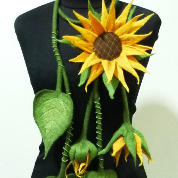 sunflower natural materials Felted necklace birthday gift eco accessories necklace Scarves Wraps handmade flowers handcrafted helianthus