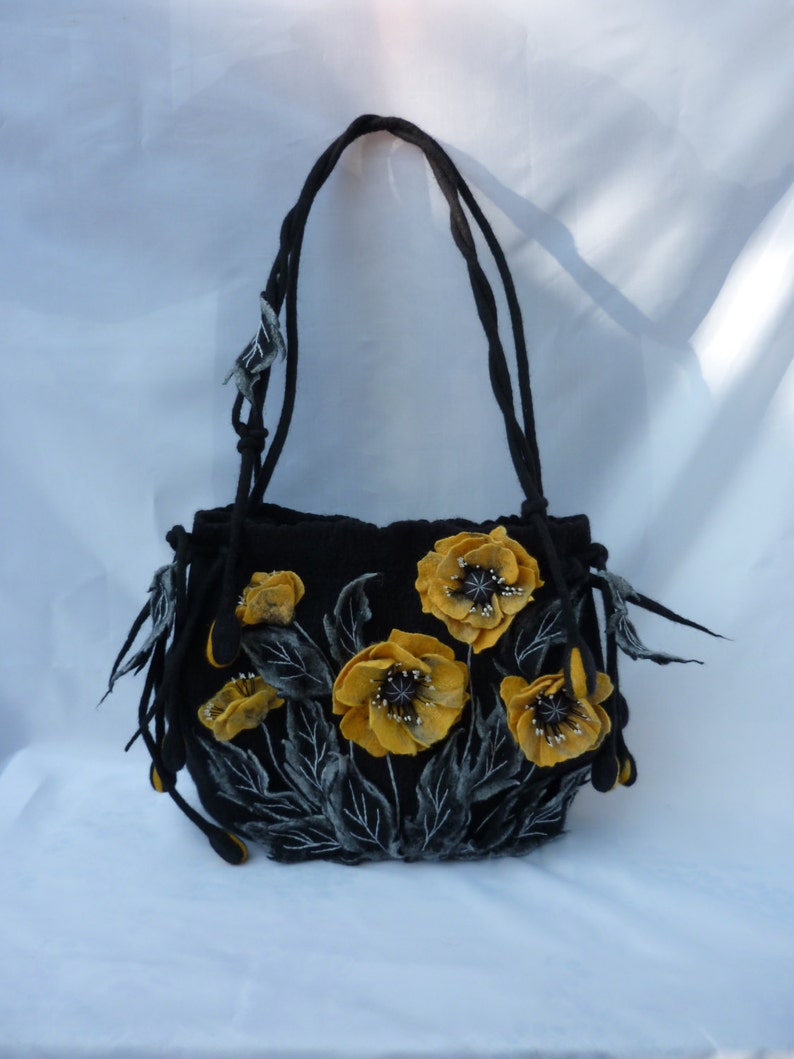 large handmade bag SALE handbags Fairy tale gift shoulders bags shopping bag spring bag poppies black bag designer bag felted bag hippie bag