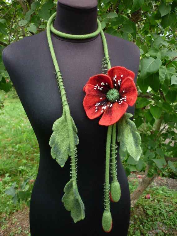 natural materials Handmade necklace anniversary gifts handcrafted fabulous accessory eco friendly wool accessories necklace felt  poppy