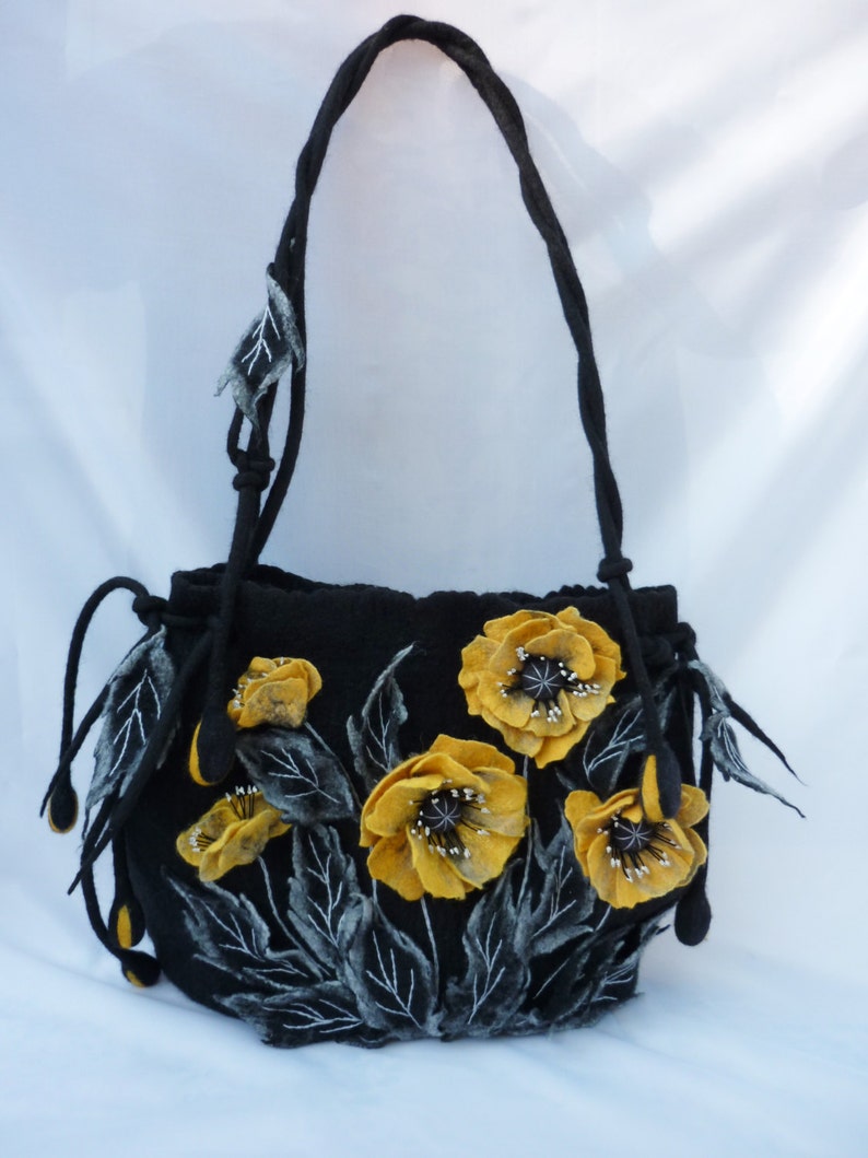 large handmade bag SALE handbags Fairy tale gift shoulders bags shopping bag spring bag poppies black bag designer bag felted bag hippie bag