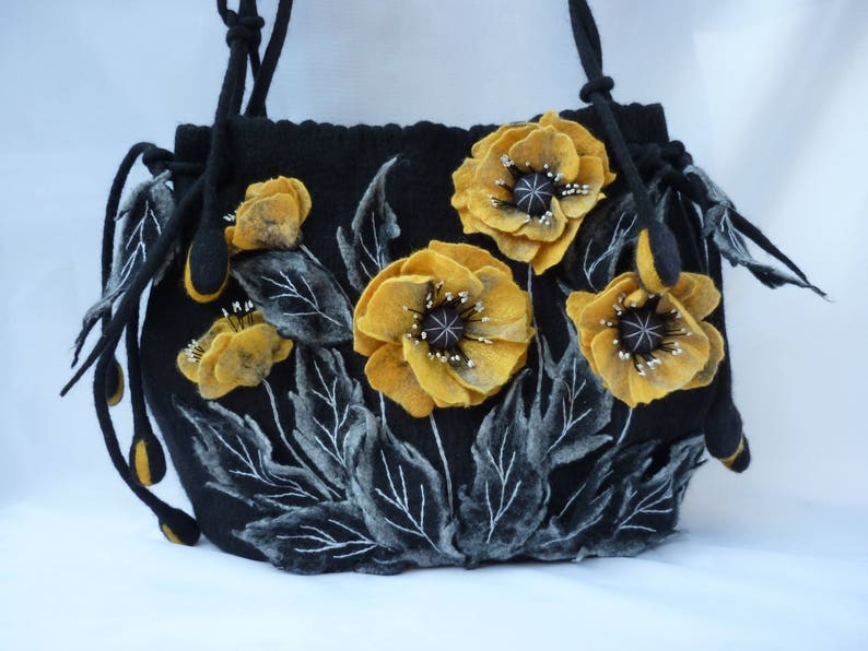 large handmade bag SALE handbags Fairy tale gift shoulders bags shopping bag spring bag poppies black bag designer bag felted bag hippie bag