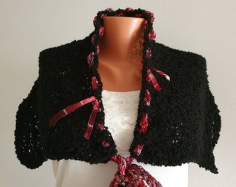Chal negro + collar de cuentas color vino elegante, top Zoom BOHO suave OOAK elegante, capa corta con clase, ecléctica. ¡Perfecta para cualquier edad y talla!