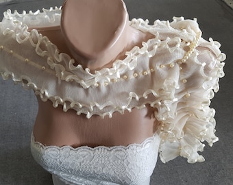Scarf Vanilla Delight Bridal cover-ups Shawl, Boho Shawl/bejeweled/pearls look evening wrap Wedding +pearls ruffles elegant eclectic style