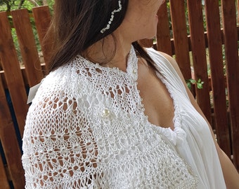 Shawl cotton Wedding abstract bohemian Bridal Shawl, bejeweled/pearls statement evening wrap scarf+pearls lacy knit elegant eclectic style