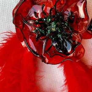 Red rose shaped 2-1 earrings with Czech glass beads and red feathers. Recycled Eco-Chic for BRIDESMAIDS order custom colors or sets!