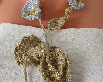 Collar/cinturón Boho multiusos: tocado, exquisito OOAK nupcial tejido a crochet en hilos dorados/plateados, hipoalergénico, elegante, para bodas.