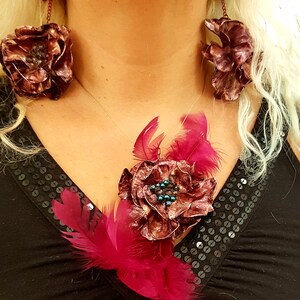 Plum rose shaped Valentine earrings with Czech glass beads and red feathers. Recycled Eco-Chic for BRIDESMAIDS order custom colors or sets!