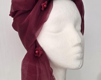 Cobertura para el cabello, tocado, diadema, pañuelo para la cabeza, tichel adornado con cuentas Boho, מטפחת, צעיף, elegante organza shabby chic, ecléctico romántico