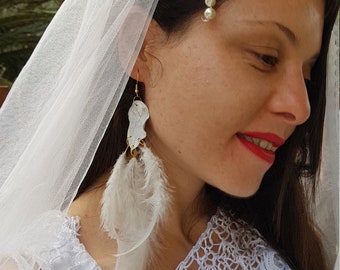 Velo/peineta nupcial chic con incrustaciones de perlas, velo bohemio único con borde blanco nieve, velo de novia, tocado, elegante, shabby chic
