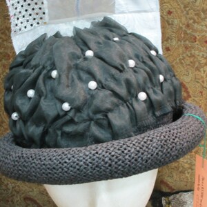 Elegant straw HAT boho Navy black embellished pearls,,Wearable Art,One of a kind, events, Holidays,Church, head covering, elegant, classy