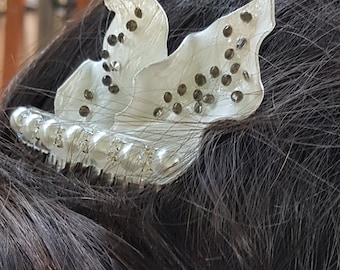 Peineta nupcial adornada con perlas y diamantes, estilo bohemio elegante "Colección eco-chic" reciclada, 2 hojas, bodas eclécticas románticas, en colores - Damas de honor