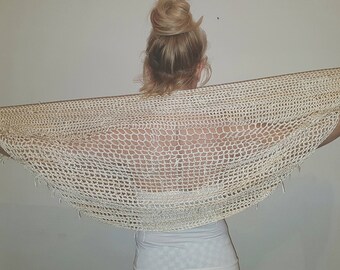 Shawl Bridal neutral boho,"Vanilla Delight" antique look shawl, evening wrap, Wedding silky Pearl+knots fringes elegance to eclectic style