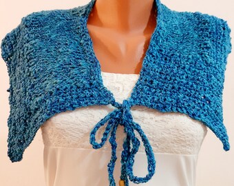 Zoom top chic chal jeans/hebra de plata suave OOAK elegante, capelet con clase/ Original, ecléctico tejido a mano bufanda/Caplet