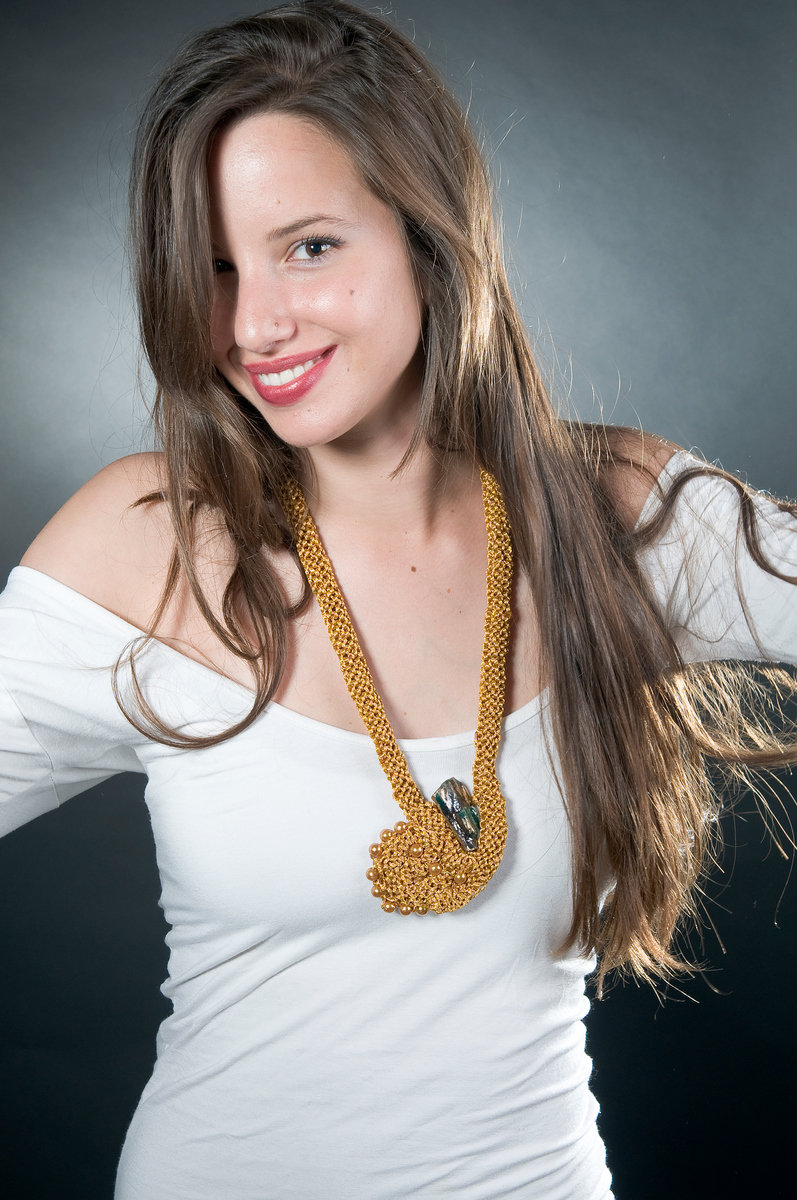 Mustard color silky handknit necklace pearls glazed ceramic Etsy