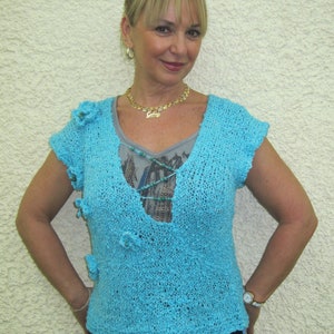 Jumper cottton BOHO chic SEA shade laced shirt w/beaded/flowers hand knitted vest, top, womens waistcoat, Sweater funky turquoisetop!
