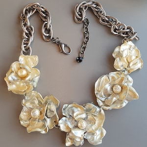 Necklace statement pendant Gold tips 5 white Rose shaped + pearls. Bridal + Eco-Chic recycled matl for BRIDESMAIDS order in colors or sets!