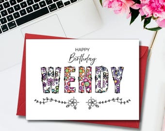 Personalized Birthday Card, Floral Greeting Card, Custom Birthday Card, Gift Card, Birthday Card Sister, Niece, Daughter, Friend, Aunt, Wife