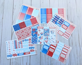 4th of July full weekly planner kit, red white and blue sticker kit, planner stickers, Kit 006