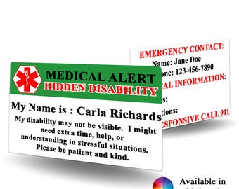 Medical Alert Hidden Disability Contact Card - Hidden Disability alert, medical alert,Hidden Disability identification, emergency contact